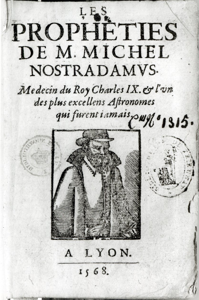 Frontispice till Les Propheties de M. Michel de Nostradamus (1503-66), med ett porträtt av Nostradamus, publicerad i Lyon 1568 av French School
