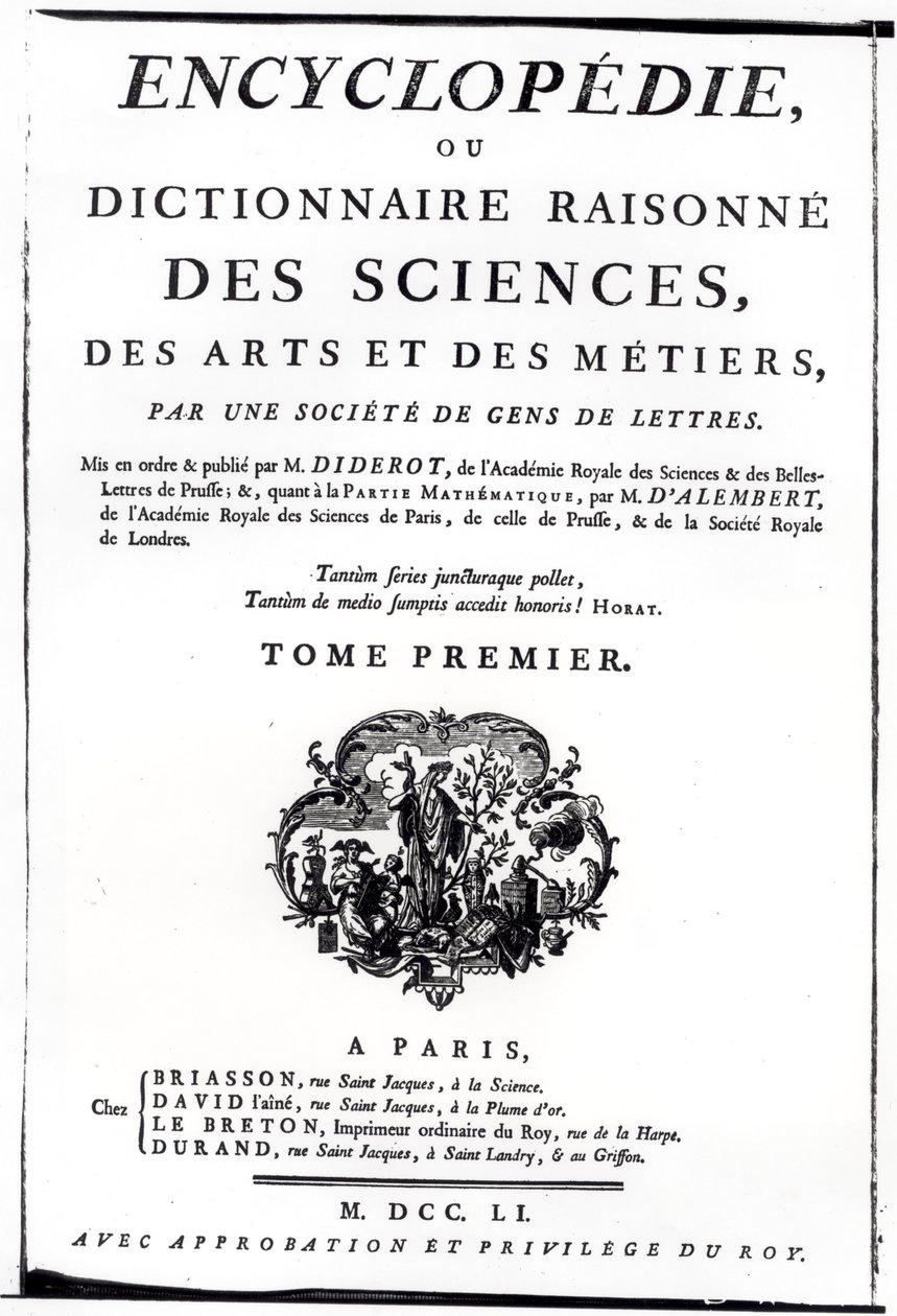 Frontispice till The Encyclopedia of Science, Art and Engineering av Denis Diderot (1713-84) publicerad i Paris, 1751 av French School