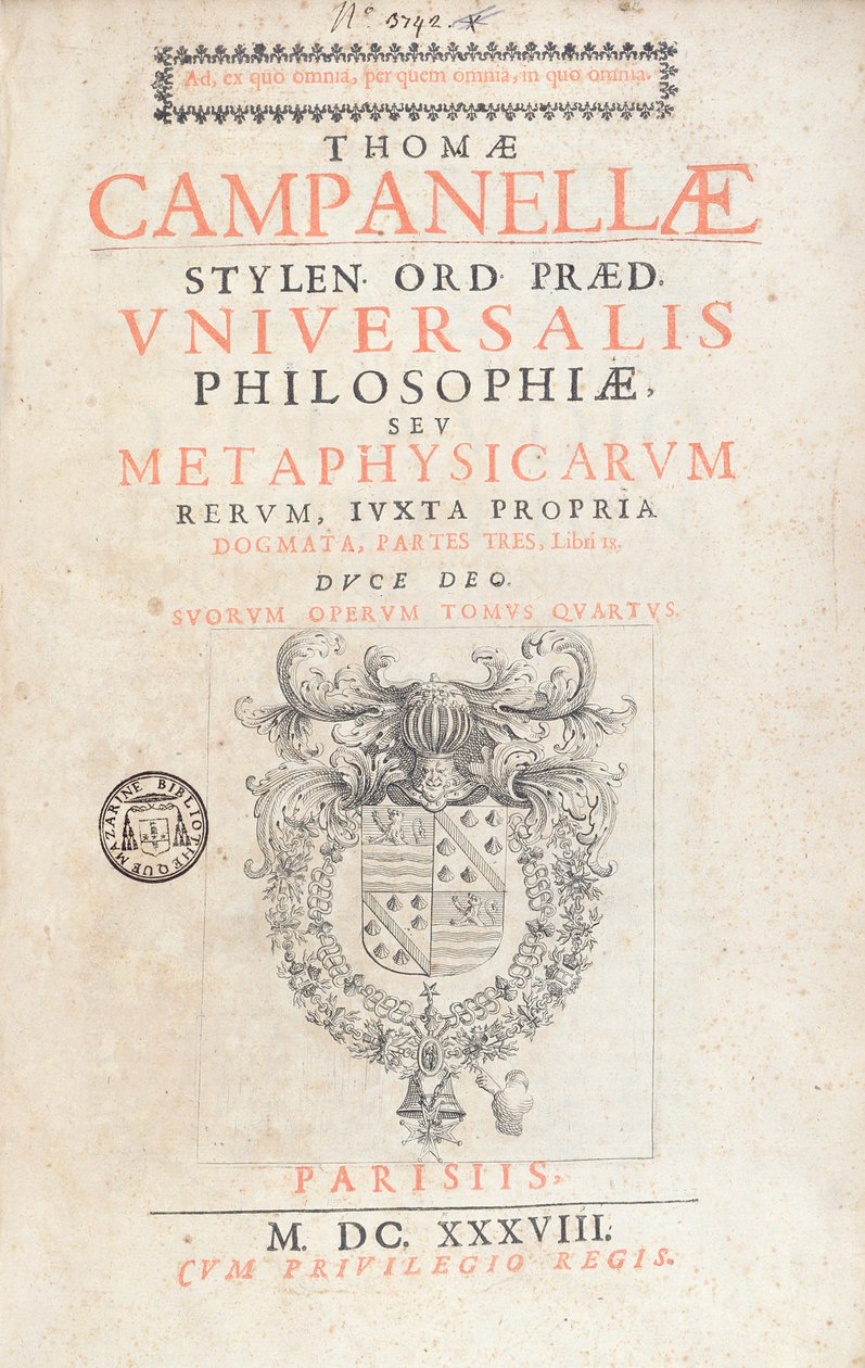 Frontispice to Universal Philosophy av Tommaso Campanella, publicerad i Paris, 1638 av French School