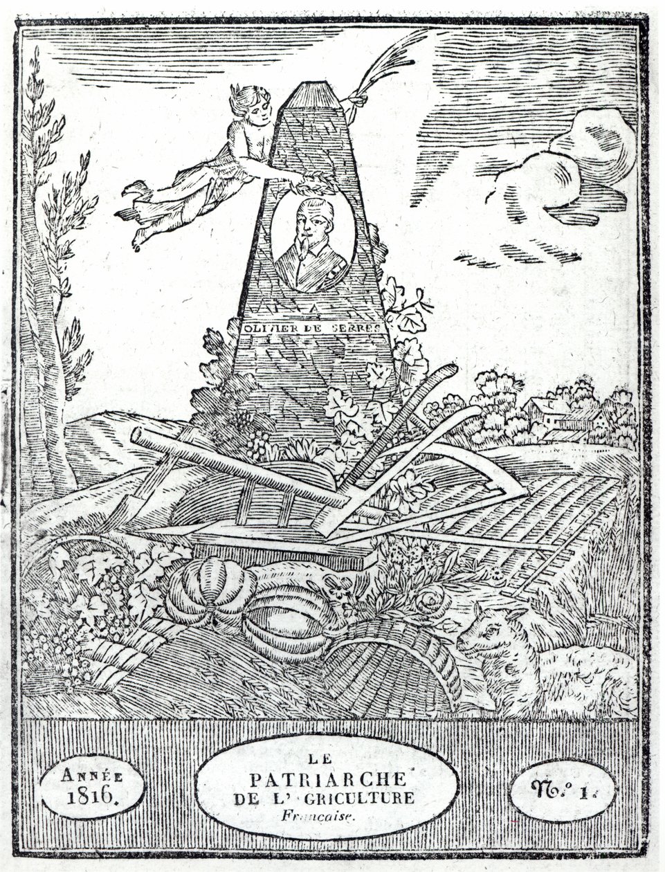 Frontispice till en jordbruksalmanach med ett porträtt av Olivier de Serres (1539-1619) 1816 av French School