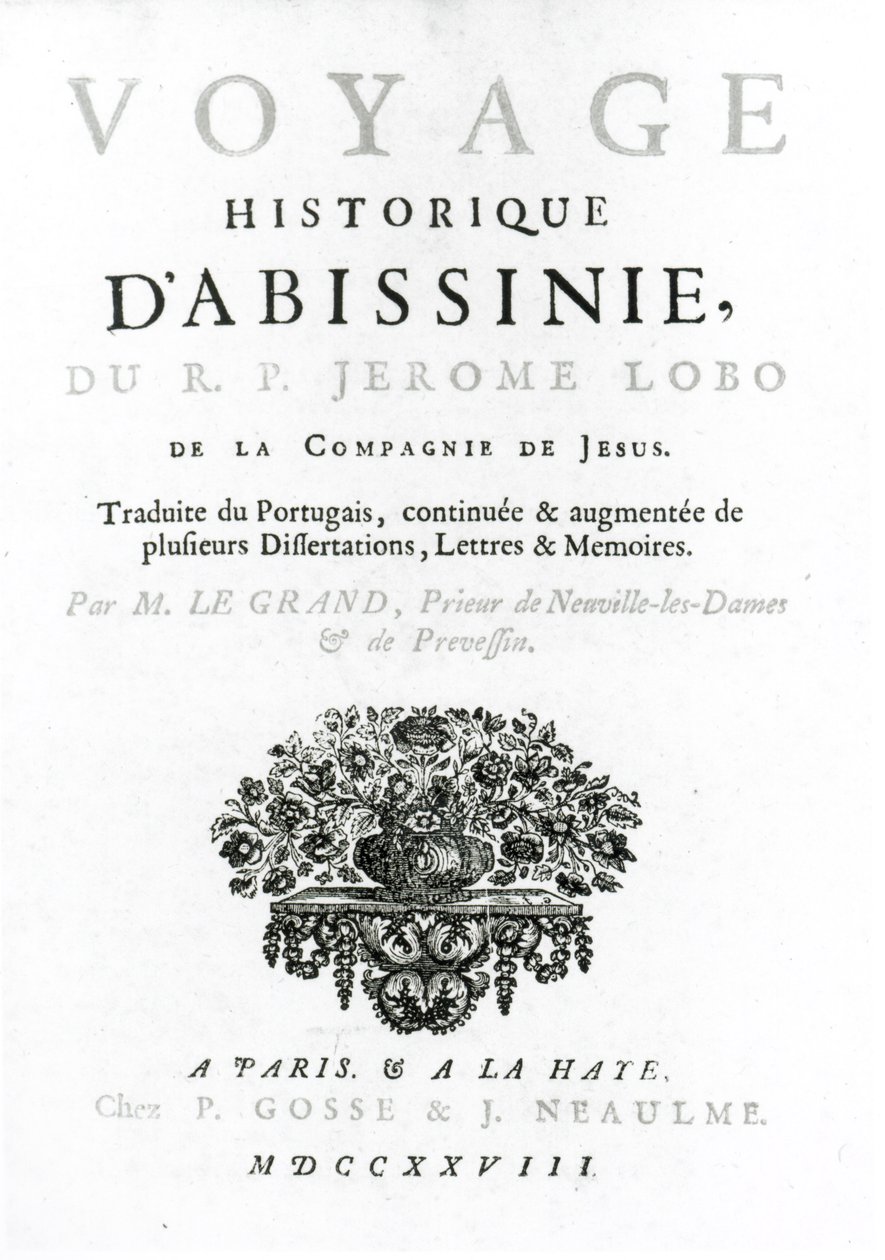 Frontispice till den franska översättningen av Voyage to Abyssinia av Jeronimo Lobo (ca 1596-1678) publicerad 1728 av French School