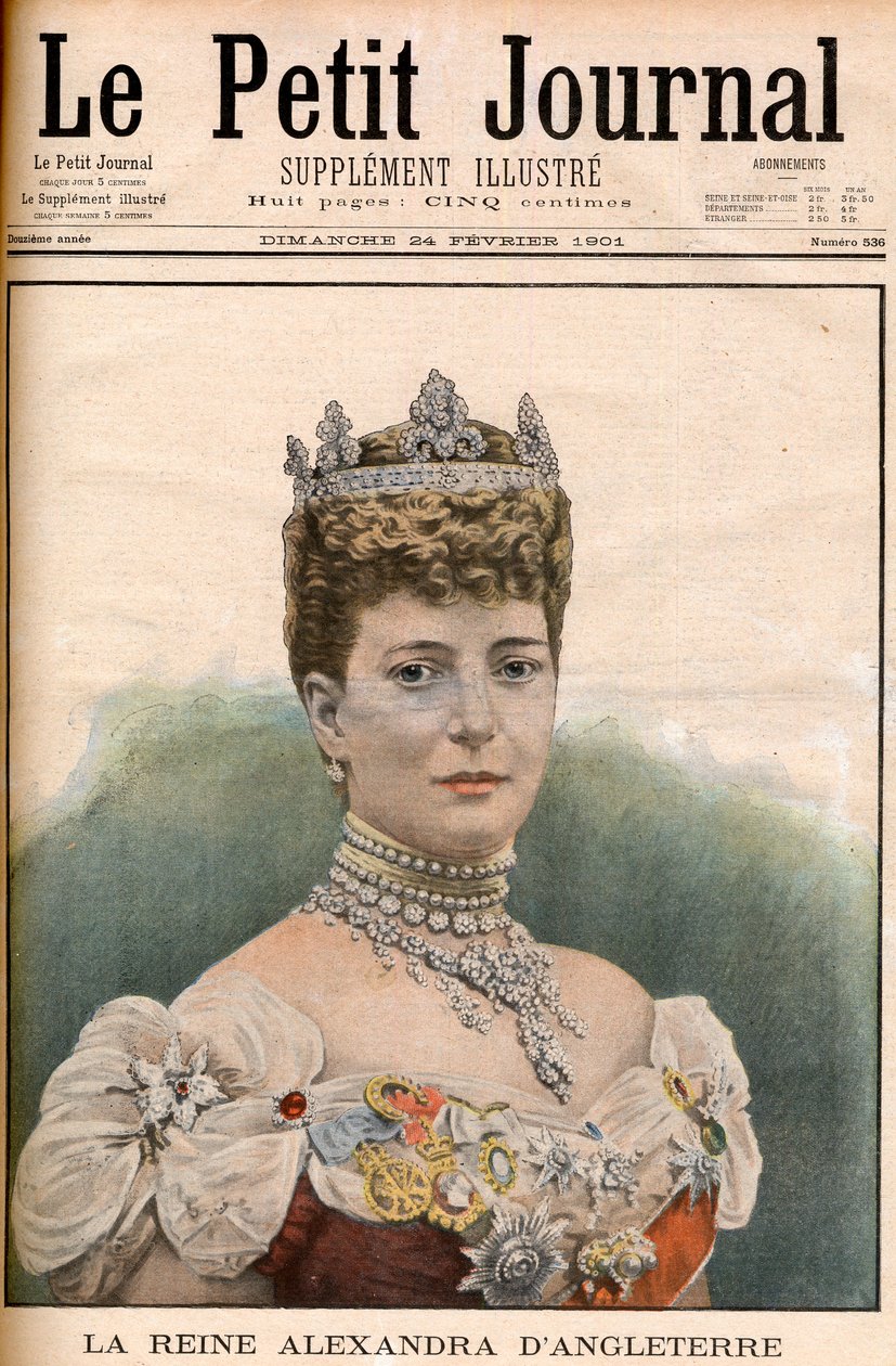 Framsidan av den franska tidningsdrottningen Alexandra av England (1844-1925) fru till kung Edward VII "Le Petit Journal" 24 februari av French School