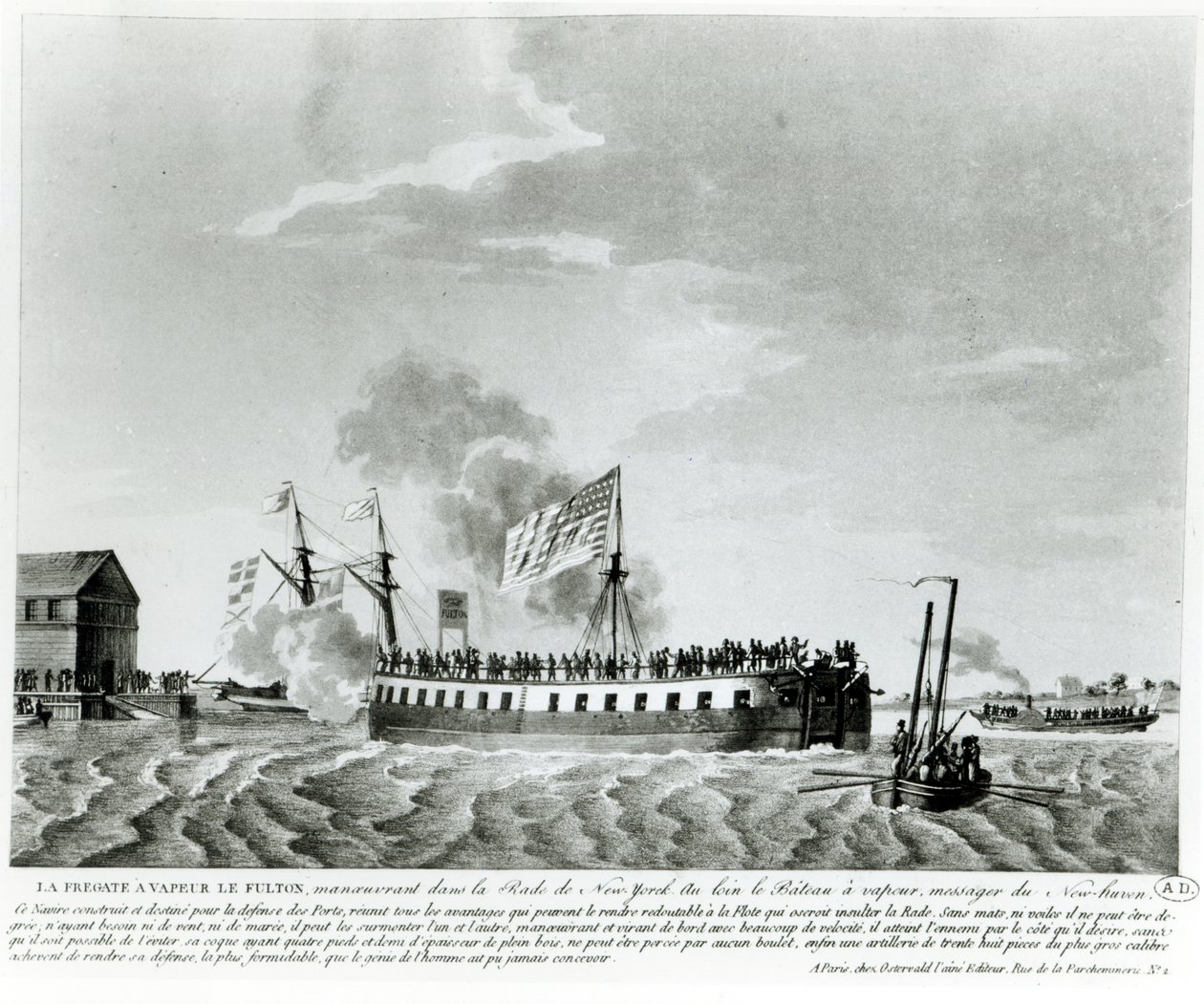 Fultons ångdrivna krigsskepp, Fulton the First, designad och byggd av Robert Fulton för försvaret av New York under kriget 1812 (bw-foto av gravyr från början av 1800-talet) av French School