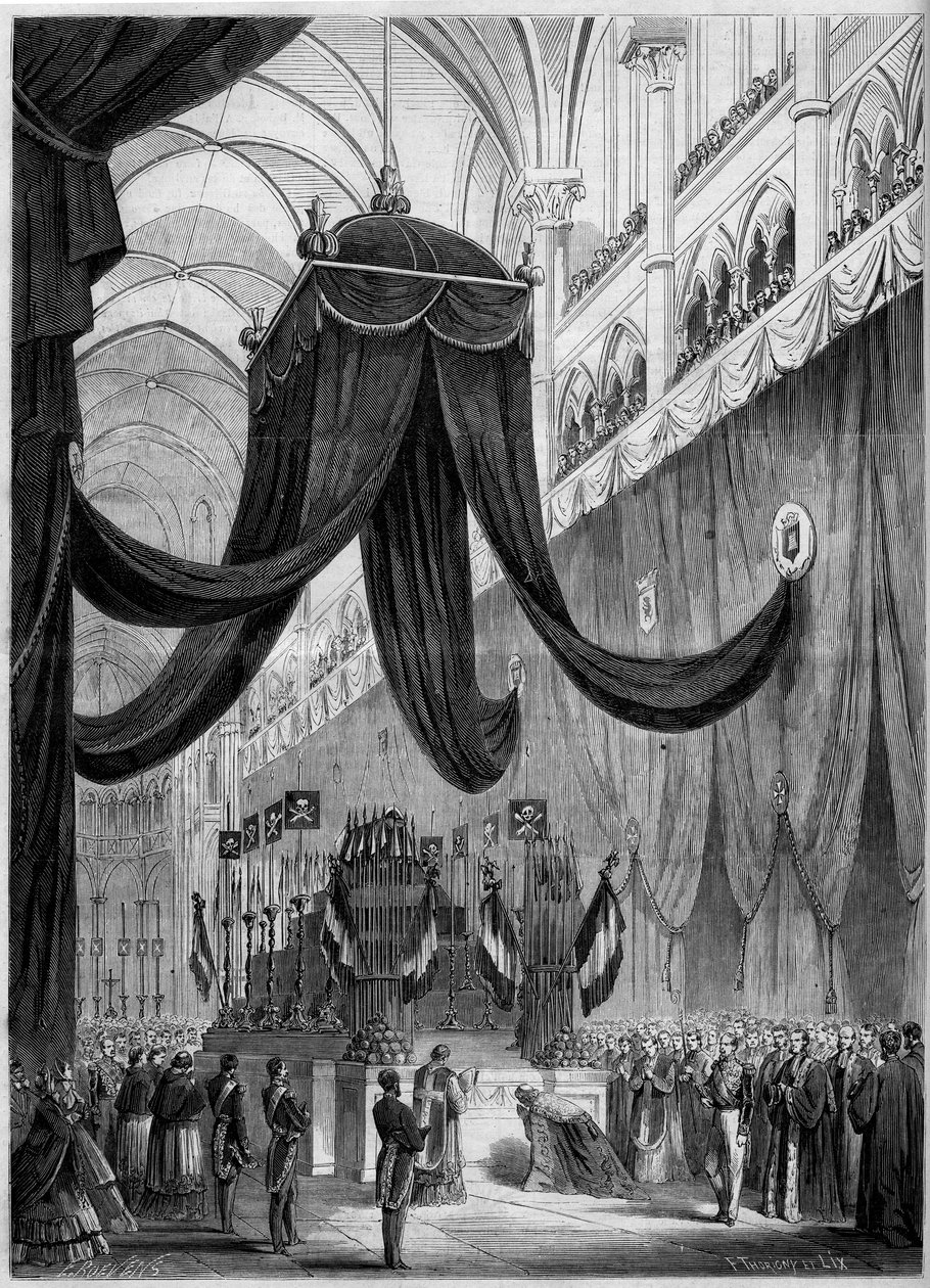 Begravning av Esprit Victor Elisabeth Boniface de Castellane (1788-1862), fransk marechal: Catafalque av den avlidne under den religiösa ceremonin celebree i katedralen i Lyon, Rhone (69) av French School