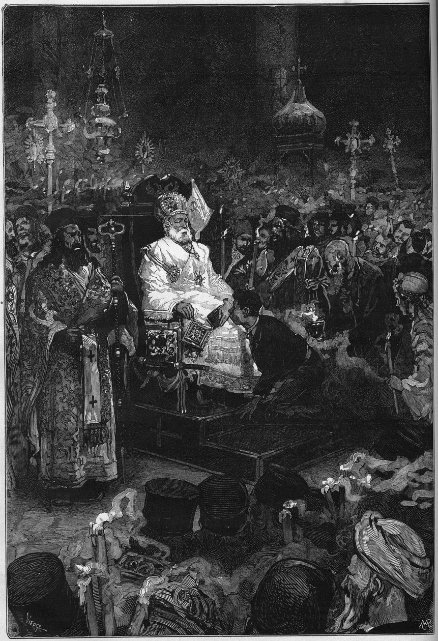 Begravning av Joachim II (1791-1878): kroppen av den ekumeniske patriarken i Konstantinopel exponeras för den patriarkala kyrkan i Phanar. Han är klädd i sina prästerliga kläder och en mitra. Gravyr i "" Le Monde Illustré"" nr 1123 av 5 oktober 1878. av French School