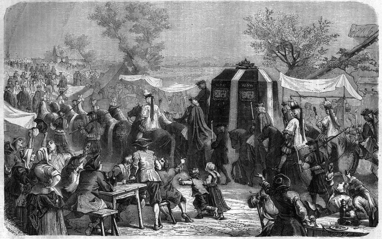 Ludvig XIV:s begravning 1715. Gravyr i "Historien om påvarna-kungarna-drottningarna och kejsarna genom århundradena"" av Maurice Lachatre av French School