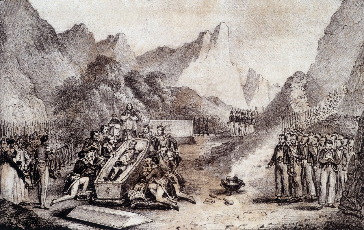 Begravning av Napoleon I: uppgrävning av Napoleons kropp i St. Helena - teckning av Levilly, i "" Historisk målning av Napoleons begravning"" av M. St Maurice, ca. 1851. av French School
