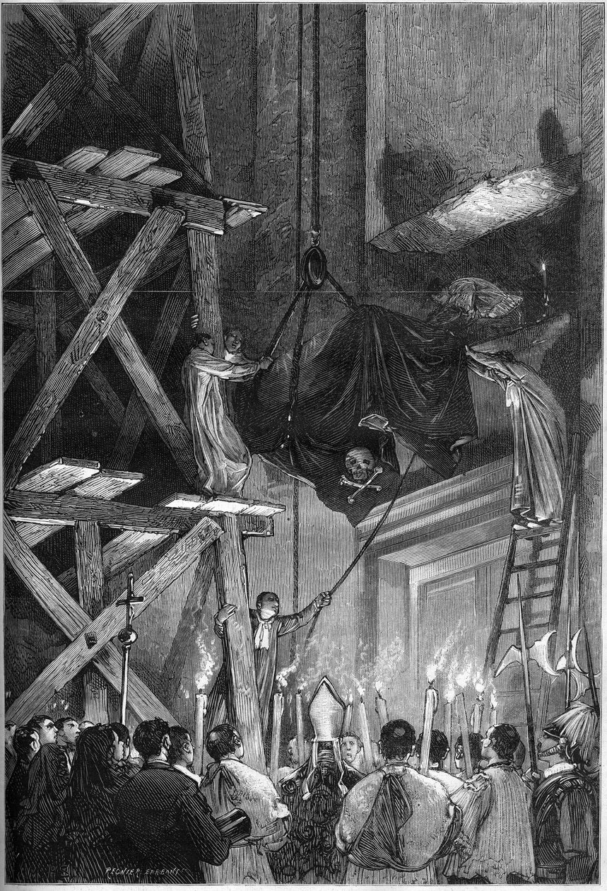 Begravning av påven Pius Ix (Pio) (1792-1878): begravningen av kroppen i Peterskyrkan i Rom. Gravyr i "" Le Monde Illustré"" nr 1093 av den 9 mars 1878. av French School