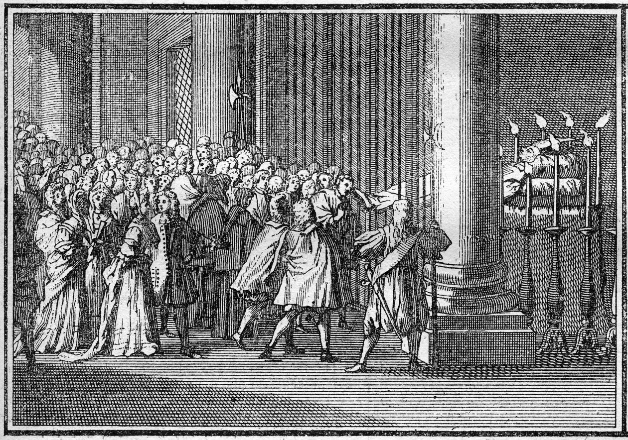 Begravning av en påve på 1700-talet: påvens kropp ställs ut tre dagar i Peterskyrkan i Rom. Gravyr i "Histoire des religions"". av French School