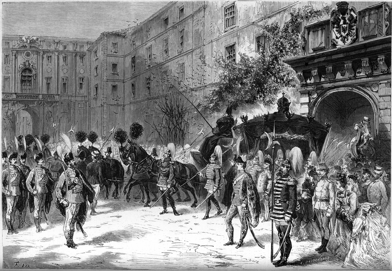 Begravning av den österrikiska imponen Caroline Augusta (1792-1873): orena från begravningskåren på gatorna i Wien av French School