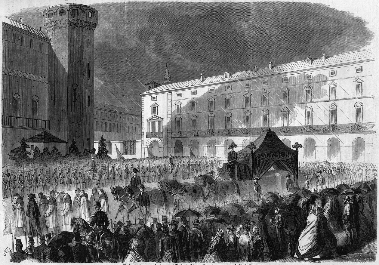 Begravning av greven av Cavour, Turin, 7 juni 1861: begravningståg som bär kistan till Camillo Benso, greve av Cavour (1810-1861), italiensk politiker. Gravyr i "" Le Monde Illustré"" nr 219 av 22 juni 1861. av French School