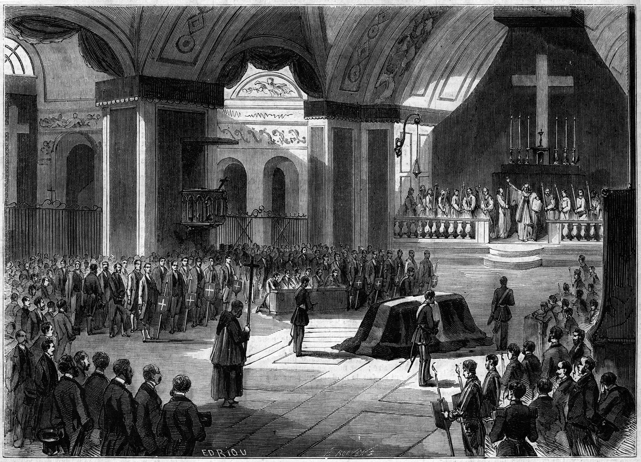 Begravning av greven av Cavour, Turin, 7 juni 1861: inifrån kyrka Madonna of the Angels under ceremonin. Gravyr i "" Le Monde Illustré"" nr 219 av 22 juni 1861. av French School