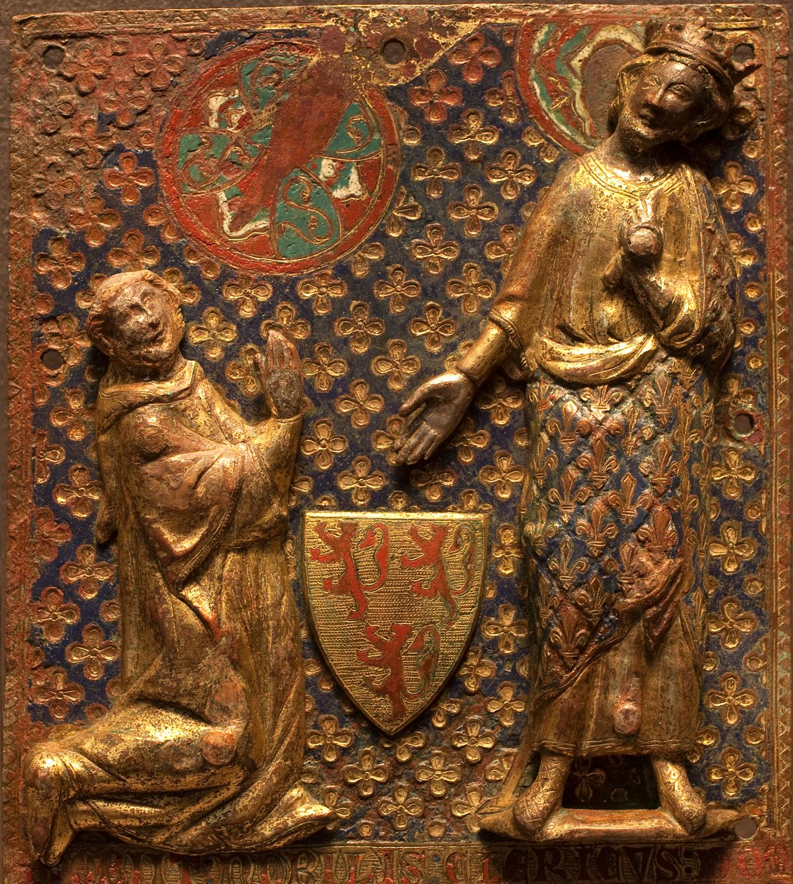 Begravningsplakett: Guy de Meyos knäböjer framför Saint Louis (Ludvig IX av Frankrike av French School