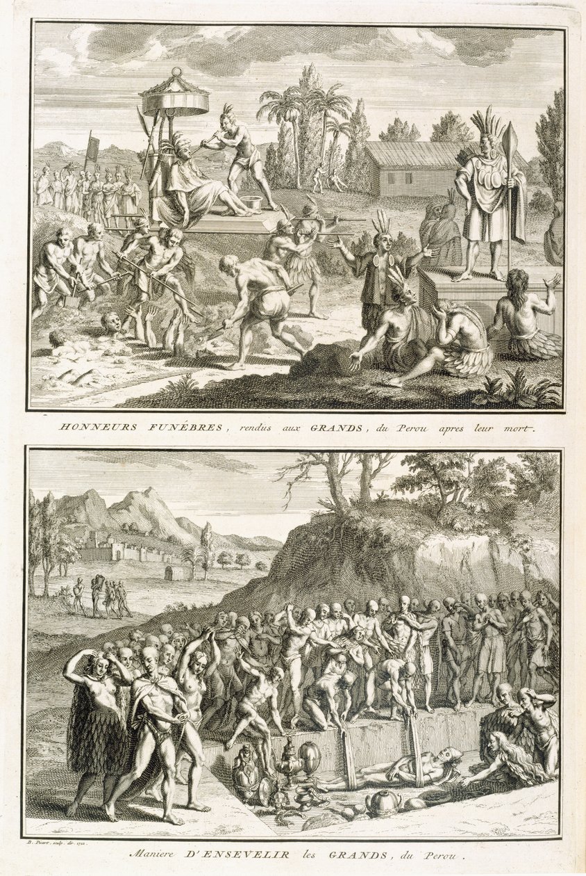 Begravningsriter och sättet att begrava herrar efter deras död, i Peru, illustration från religiösa ceremonier och seder, graverad av Bernard Picart (1673-1733) 1722 av French School