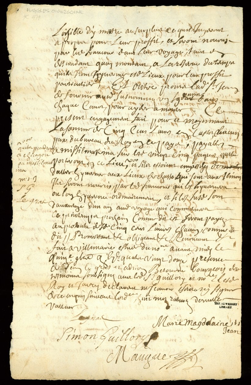 Pälshandelskontrakt mellan Francois Francoeur och fyra resenärer för transport av varor och köp av bäverskinn i Michilimackinac och Chicago, 1692 (se även 332318) av French School