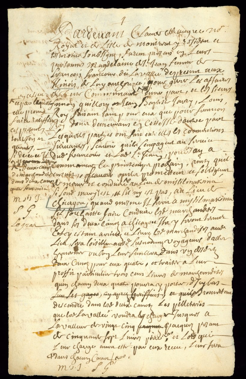 Pälshandelskontrakt mellan Francois Francoeur och fyra resande för godstransport och köp av bäverskinn i Michilimackinac och Chicago, 1692 (se även 332317) av French School