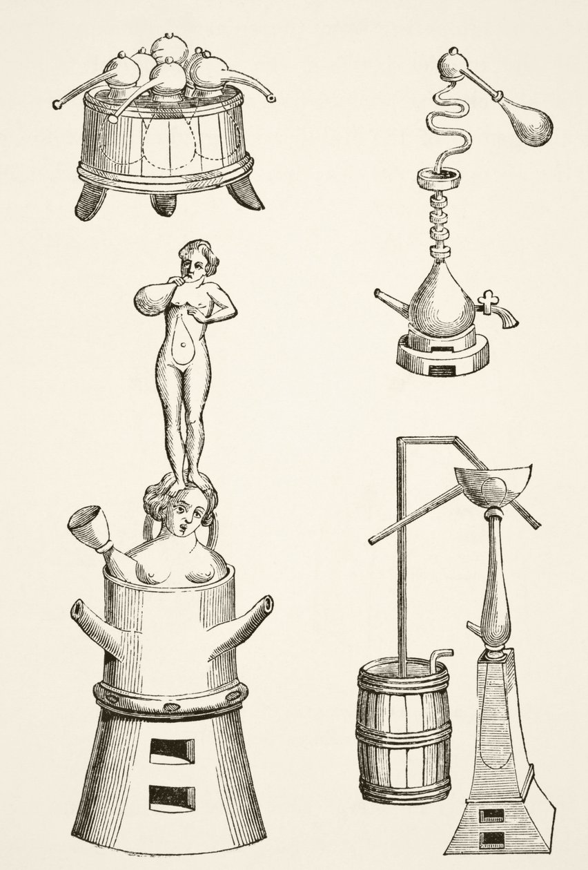 Ugn, repliker, destillationsapparater och destillationsapparater som användes av kemister och alkemister på 1500-talet, från Science and Literature in the Middle Ages av Paul Lacroix (1806-84) publicerad London 1878 (l av French School