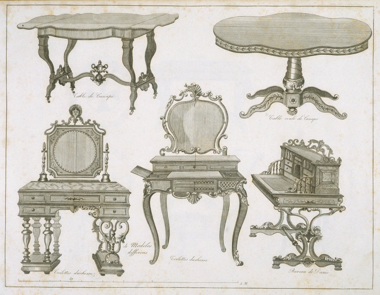 Möbeldesign av Lefevre-Chauveaux, från Album Dessins de Meubles, svartvit gravyr av French School