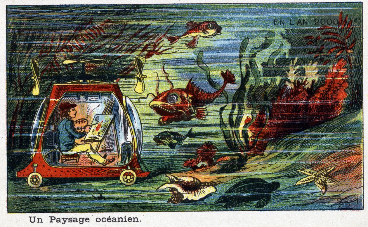 Futuredays: A Nineteenth Century Vision of the Year 2000 - Serie "" In the Year 2000"": An Ocean Landscape (en målare som målar landskapet under havet i ett litet undervattensfordon). Kromolitografi av Villemard av French School