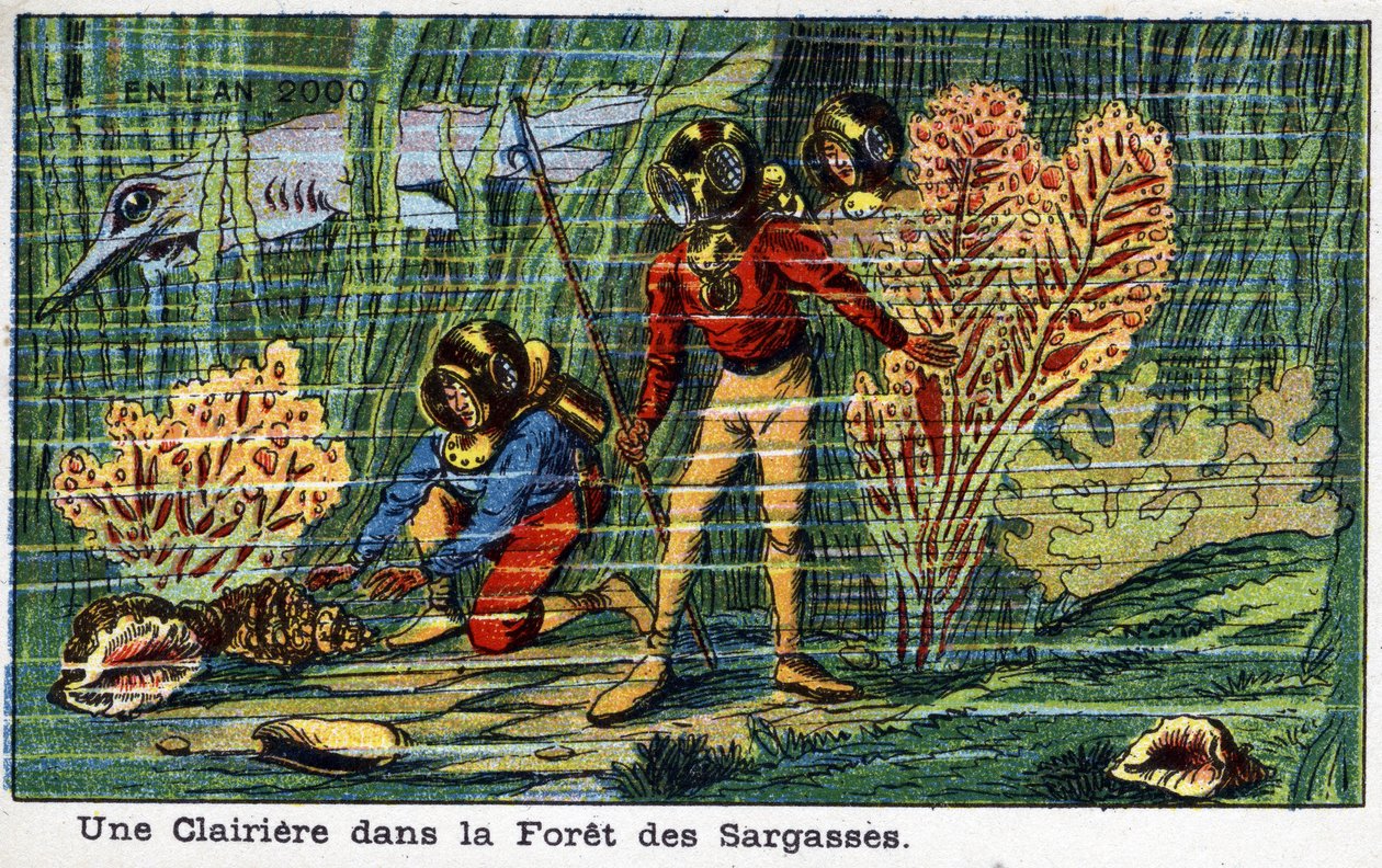 Futuredays: A Nineteenth Century Vision of the Year 2000 - Serie "" In 2000": En glänta i Sargassoskogen (under havet). Kromolitografi av Villemard av French School