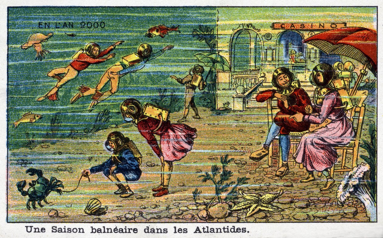 Futuredays: A Nineteenth Century Vision of the Year 2000 - Serien "" In the Year 2000": A Seaside Season in Atlantis. Kromolitografi av Villemard av French School