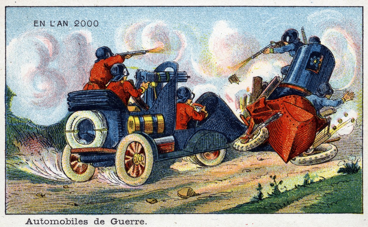 Futuredays: A Nineteenth Century Vision of the Year 2000 - Serien "" In the Year 2000": Automotive of War. Kromolitografi av Villemard av French School