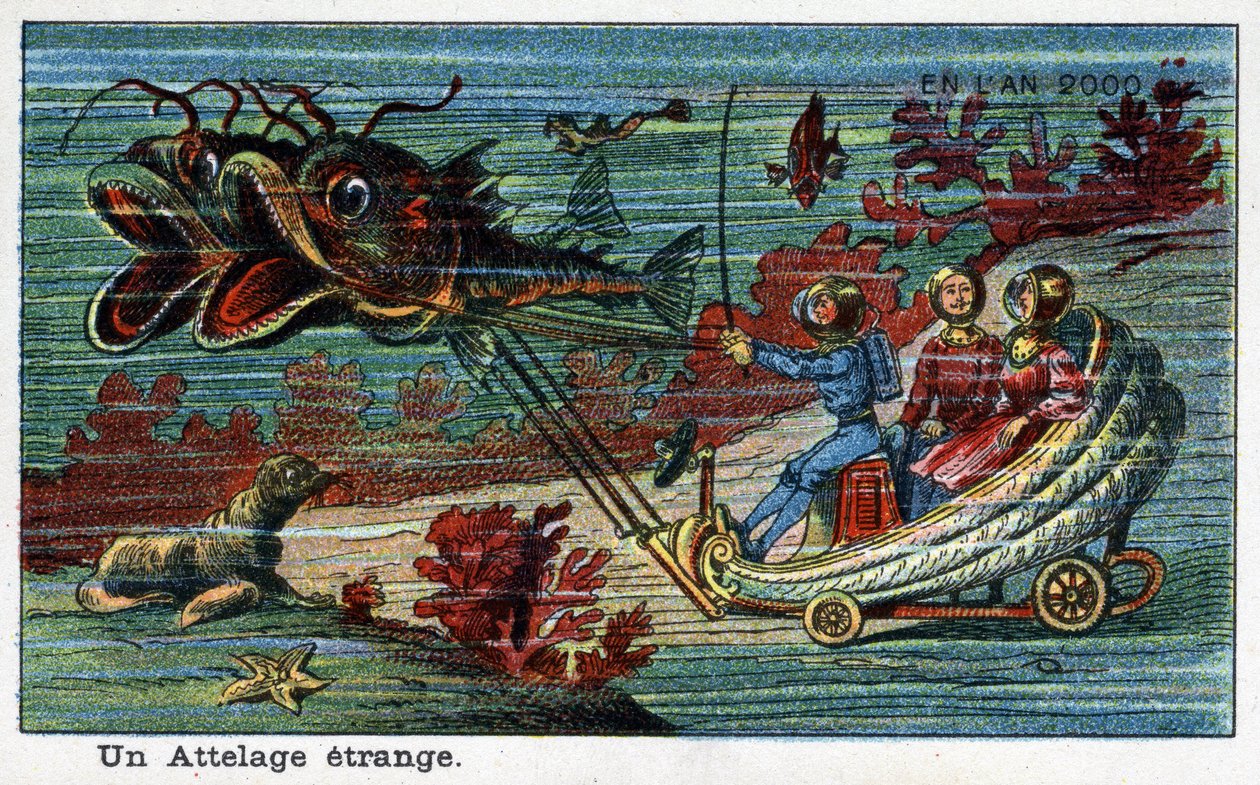 Futuredays: A Nineteenth Century Vision of the Year 2000 - Serien "" In the Year 2000": En märklig hitch (tank som dras av fisk under havet). Kromolitografi av Villemard av French School