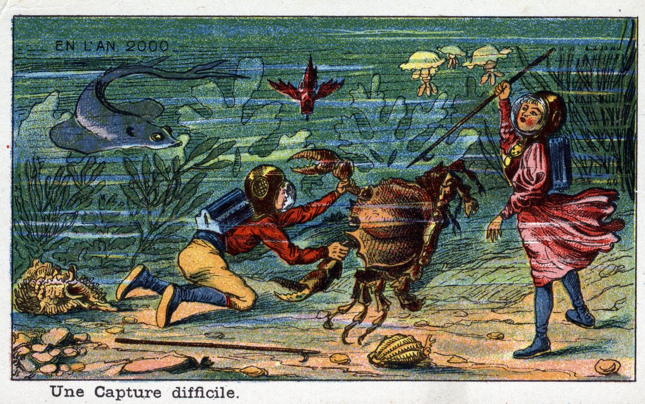 Futuredays: A Nineteenth Century Vision of the Year 2000 Series: A Difficult Capture (Under Sea). Kromolitografi av Villemard av French School