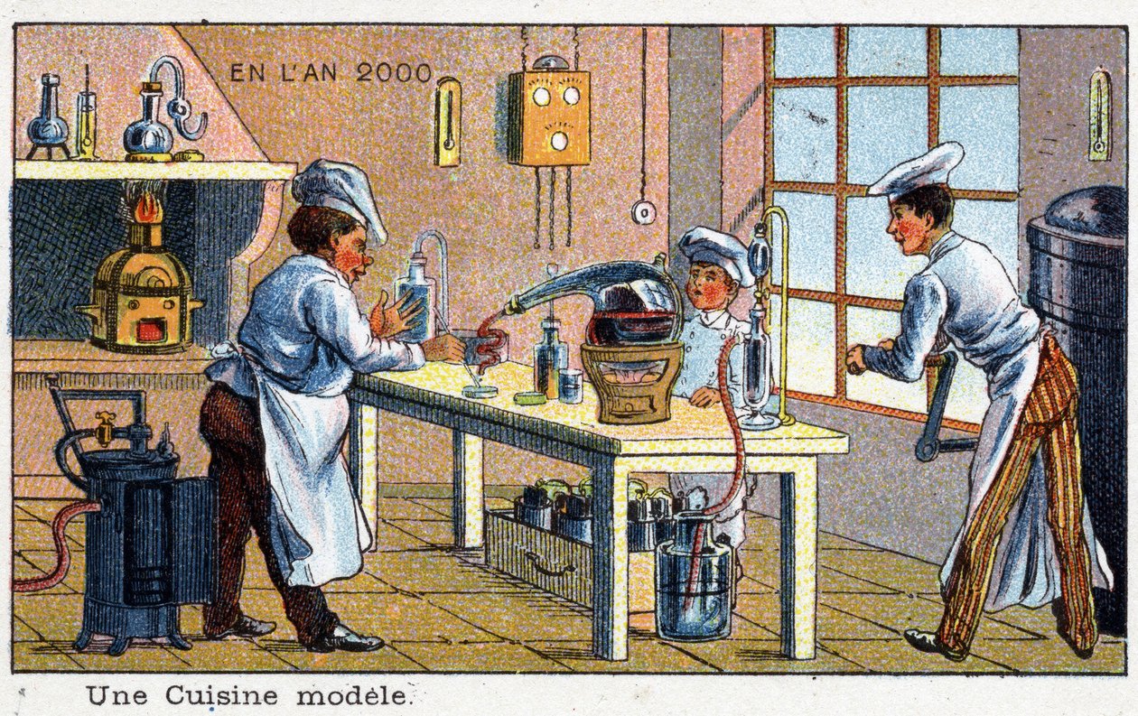 Futuredays: A Nineteenth Century Vision of the Year 2000-serien: Ett modellkök. Kromolitografi av Villemard av French School