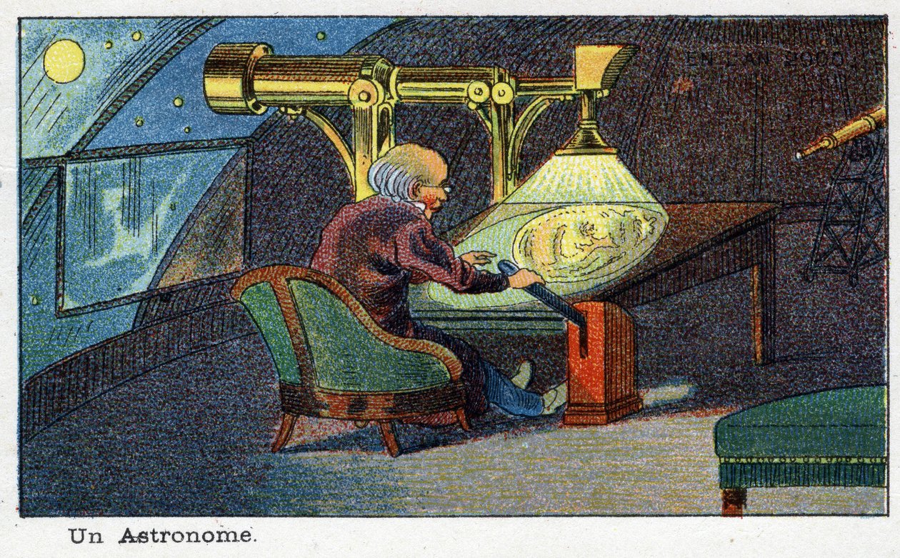 Futuredays: A Nineteenth Century Vision of the Year 2000-serien: En astronom (arbetar med ett speciellt teleskop). Kromolitografi av Villemard av French School