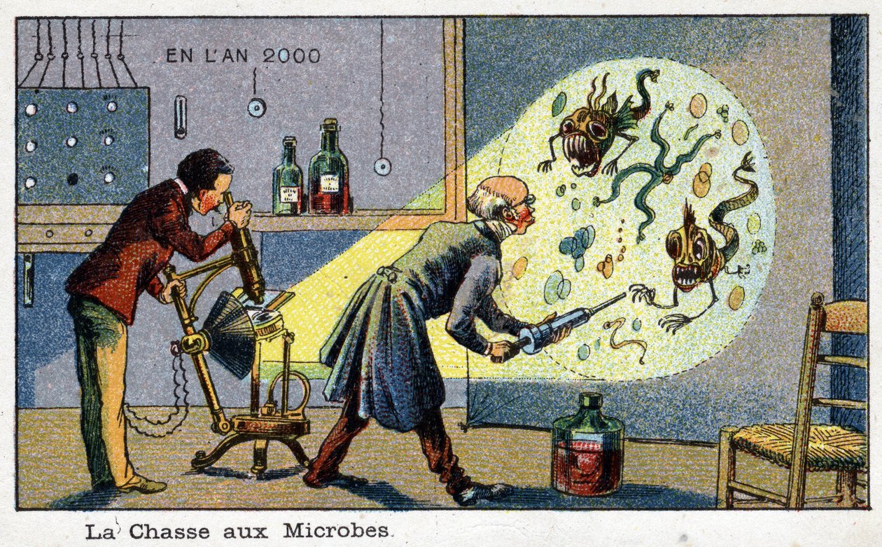 Futuredays: A Nineteenth Century Vision of the Year 2000-serien: The Hunting of Microbes (2 forskare som tar bort förstorade mikrober med en maskin). Kromolitografi av Villemard av French School