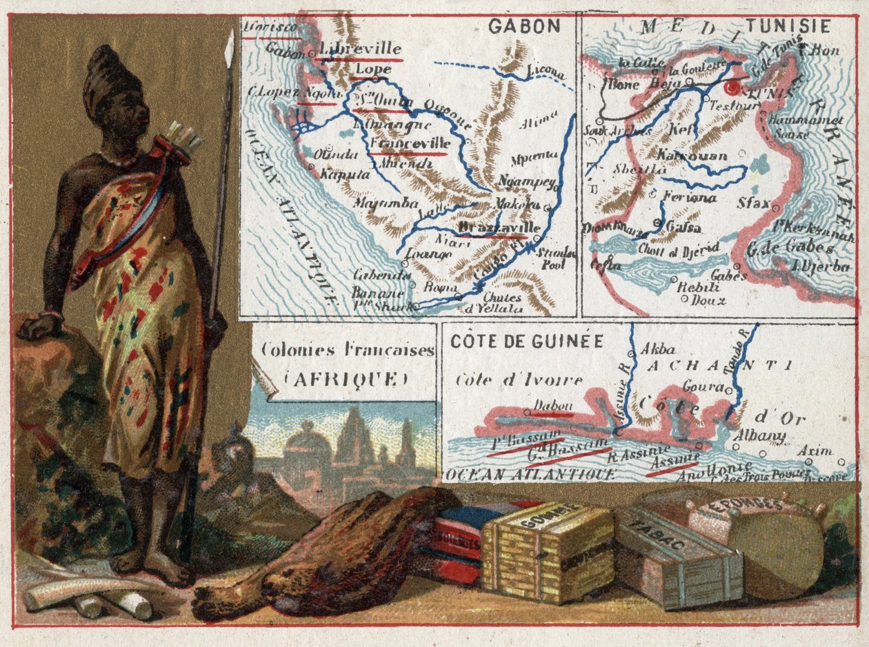 Gabon, Tunisien och Guineekusten i Afrika. Serie om de franska kolonierna. Råmaterial: gummi, svamp, tobak och siden, elfenben. Kromolitografi (Chromo) "" den geografiska tråden"", ca 1920. Privat samling. av French School