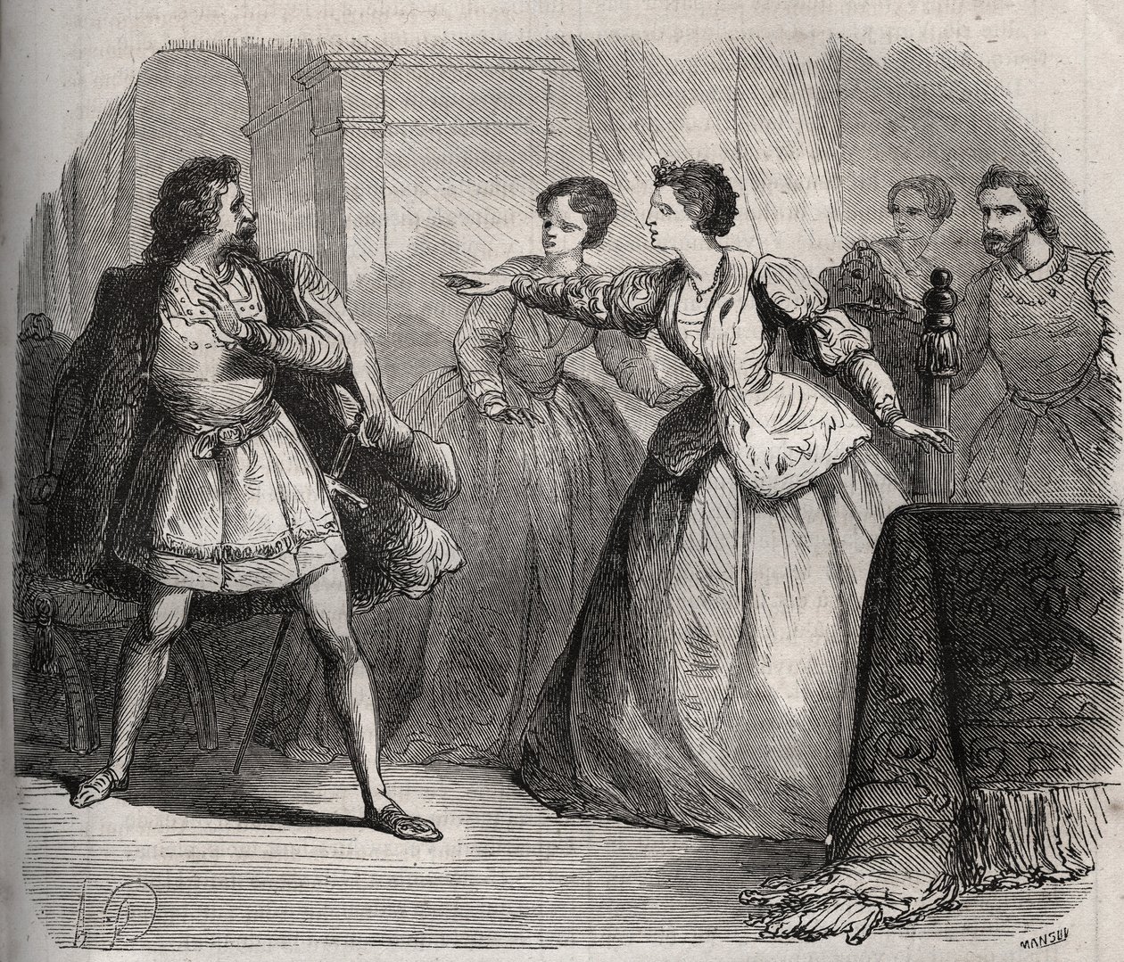 Gabrielle de Vergy bestrider sin fästman, Eudes de Fayel, som är avundsjuk på vänskapen hon har med sin kusin, Albert de Nozereau. Scen av en legend från 1100-talet. Gravyr från 1871 i "Histoire Des Cocus Celebres"" av Henry de Kock (1819-1892). av French School