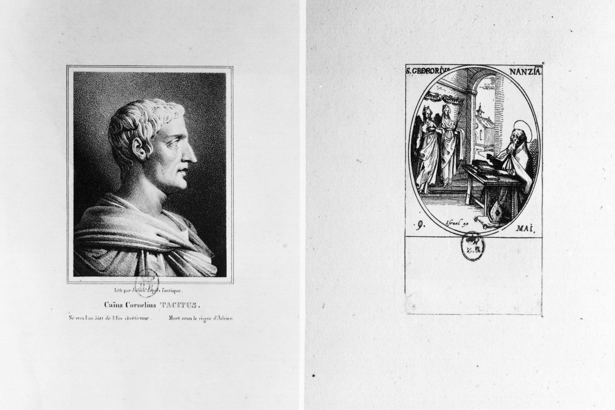 Gaius Cornelius Tacitus (56-c.120 e.Kr.) graverad av Julien och St. Gregorius av Nazianzus (ca. 329-c.390) graverad av Israel av French School