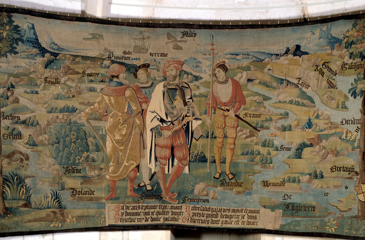 Galathes, Galliens grundare, omger sina följeslagare mot en bakgrund av ett landskap som föreställer Gallien sett från norr, med hav och floder, namn på de olika regionerna och detaljer om de djur som lever i dessa regioner. Gobeläng av "Den fabulösa av French School
