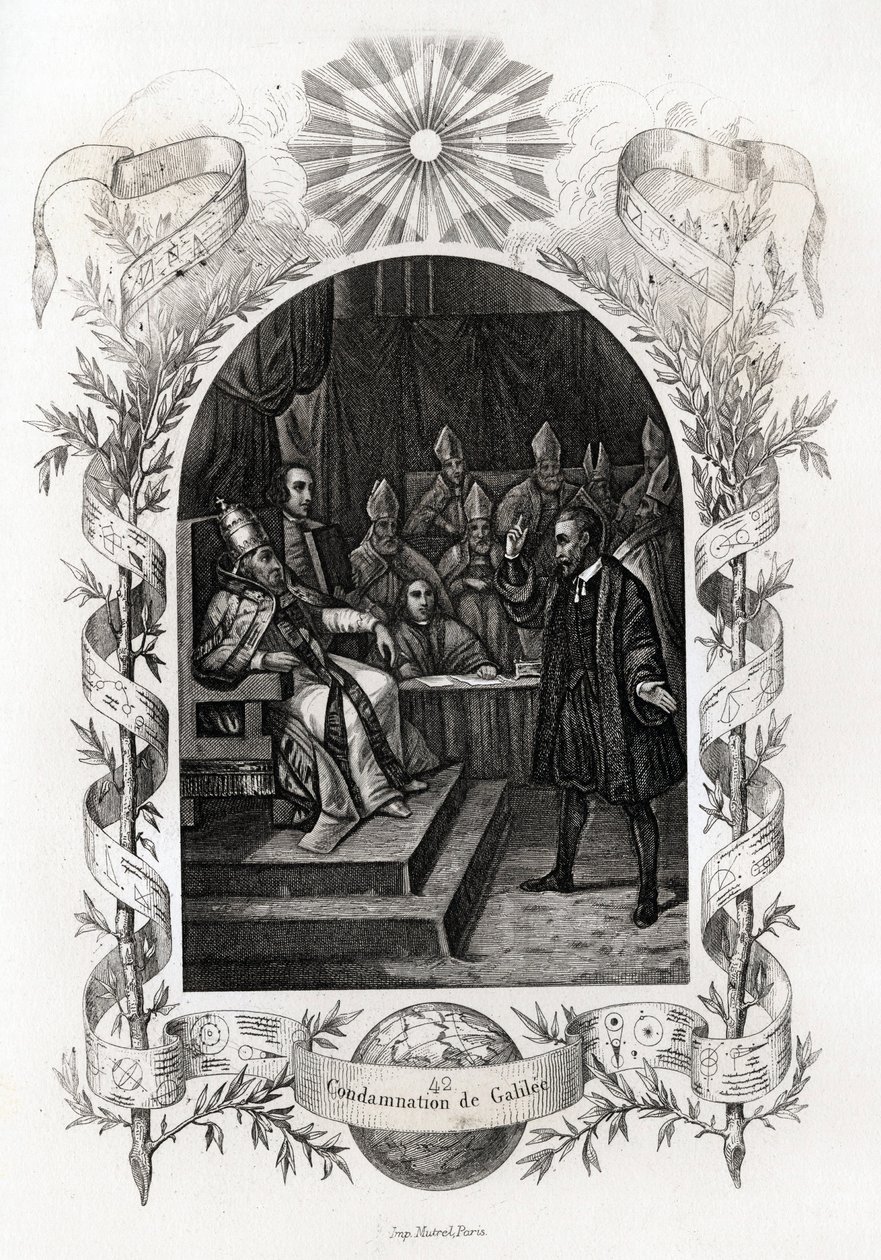 Galilee (eller Galileo Galilei (1564-1642)) före det heliga ämbetet i Vatikanen”” Astronomen dömdes av inkvisitionsdomstolen 1632. Gravyr för att illustrera Histoire des popes av Maurice Lachatre (1814-1900), librairie du progres, Paris. av French School
