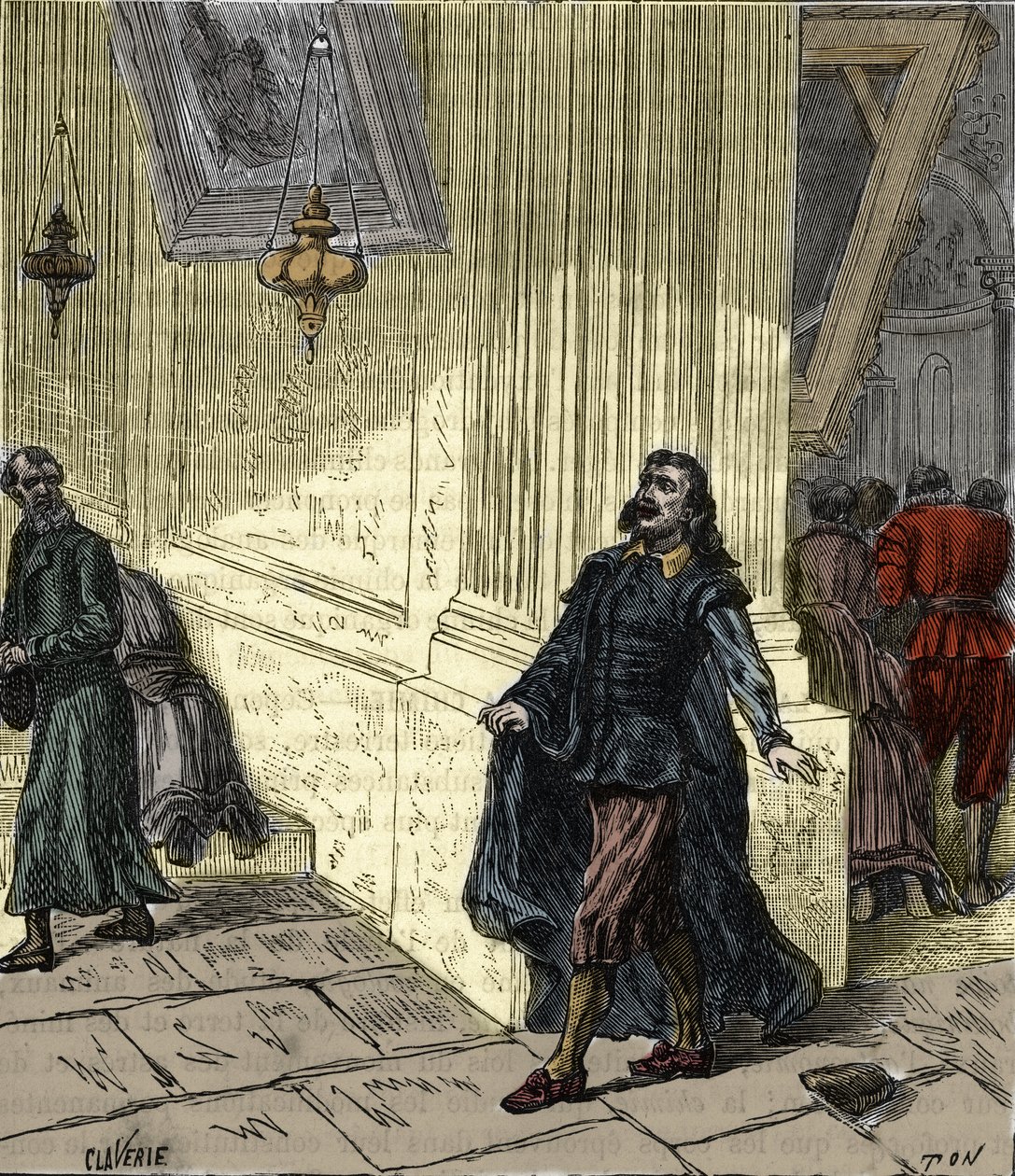 Galileo Galilei (1564-1642), italiensk vetenskapsman, observerar pendelliknande svängning av en lampa i Pisas katedral, Italien, 1582 - Galileo Galilei dit Galilee (1564-1642) observerar svängningen av lampan i katedralen i Pisa i 1582 - Gravyr i av French School