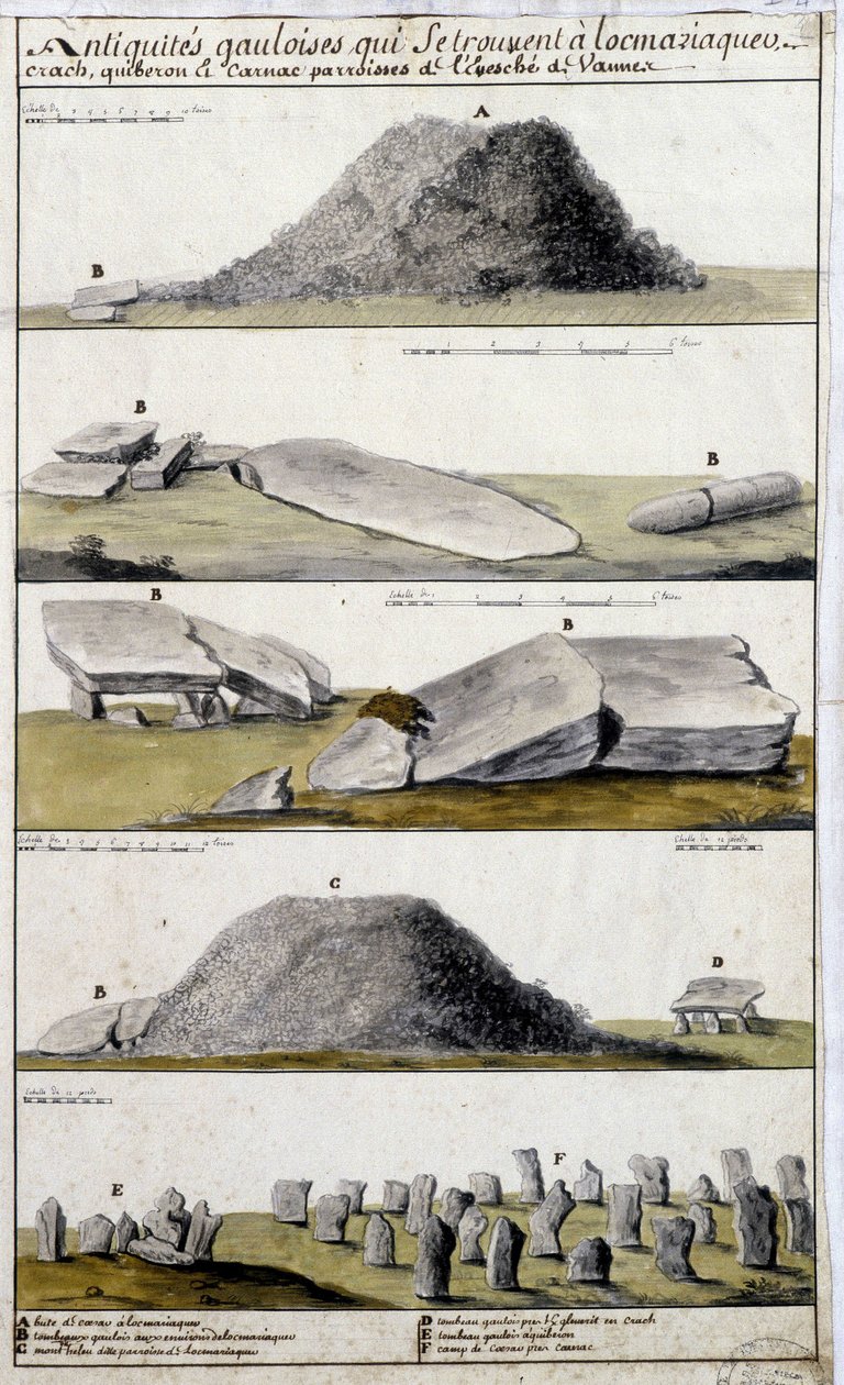 Galliska antikviteter belägna i Locmariaquer, Crash, Quiberon och Carnac, socknar i Eveche de Vanne - i "" Historisk, topografisk och naturlig beskrivning av Bretagne"" av Robien av French School