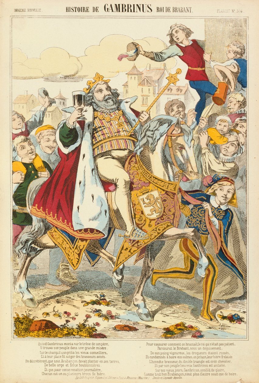 Gambriunus, legendarisk kung av Flandern, broadsheet publicerad av Verlag Haguenthal, Pont-a-Mousson, 1860 av French School