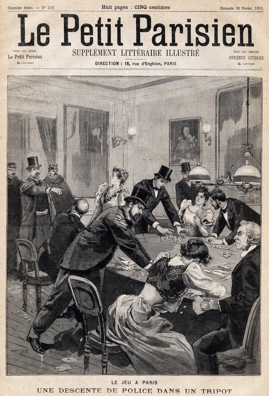 Spelhus i Paris: Polisrazzia i en spelklubb (casino). En av tidningarna "Le Petit Parisien"" den 26/02/1893 (gravyr) av French School