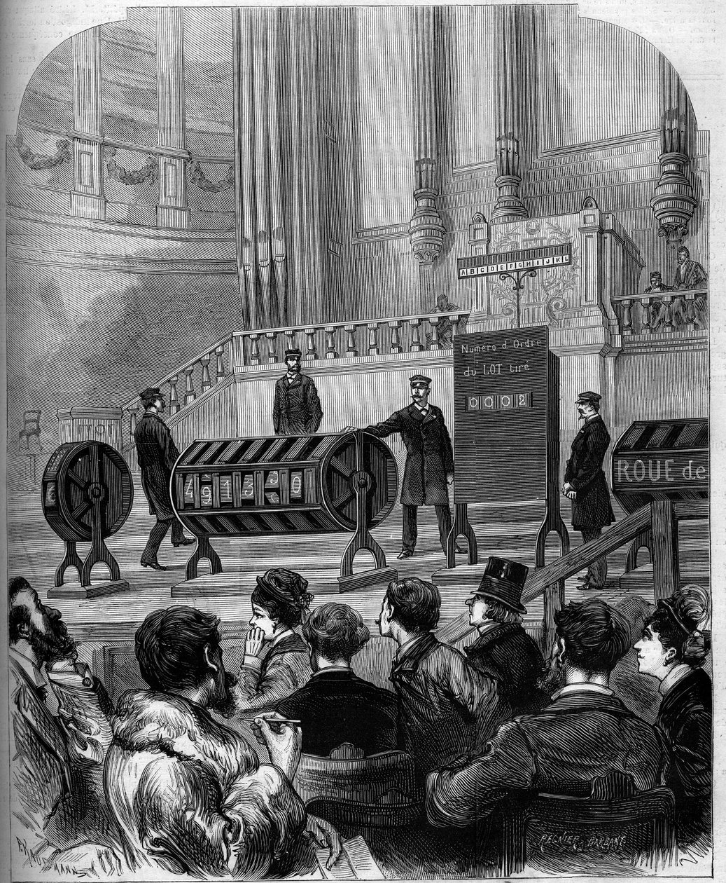 Hasardspel: dragning av det nationella lotteriet i Trocadero-festlighetshallen den 6 januari 1879 i Paris. Gravyr i "" Le Monde Illustré"" nr 1140 av 1 februari 1879. av French School