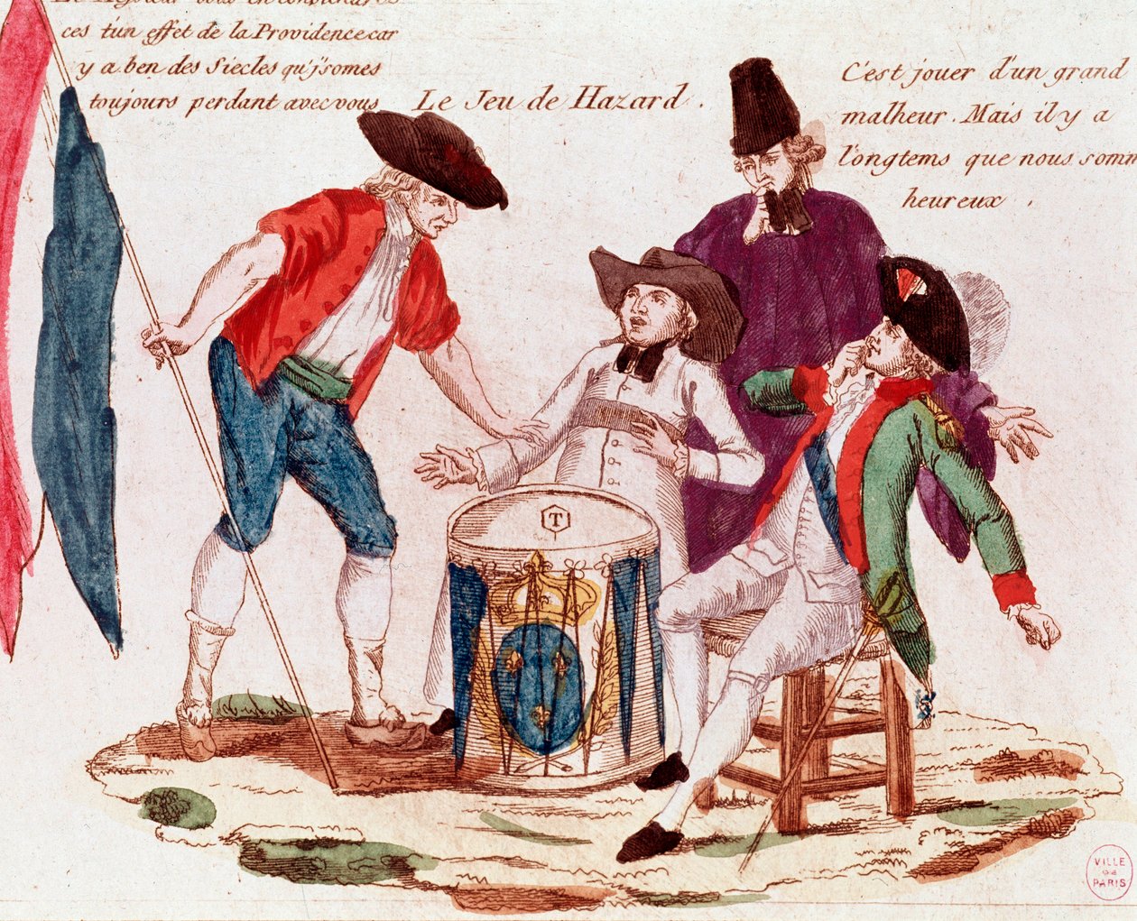 Hasardspel som spelas av de tre ständerna (prästerskap, tiers-etat och adel) (gravyr, sent 1700-tal) av French School