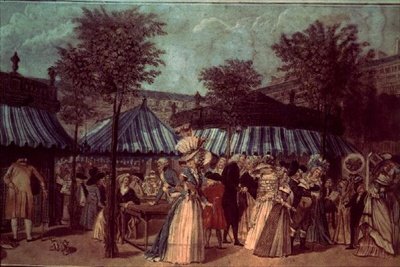 Trädgårdspromenad i Palais Royal, Paris, ca 1810 (färg litho) av French School