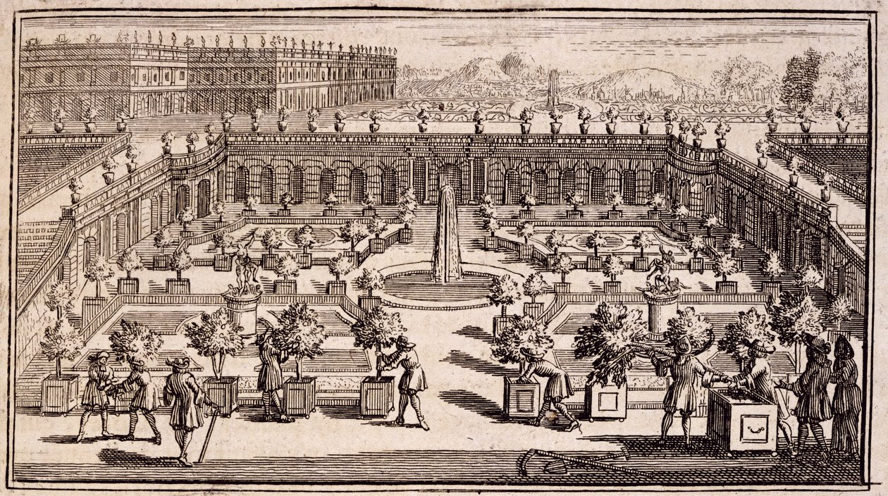 Trädgårdsmästare som arbetar i en apelsinträdgård, från Le Parfait Jardinier, eller Instruction pour les Jardins Fruitiers et Potager, av Jean de la Quintinye, publicerad 1695 av French School