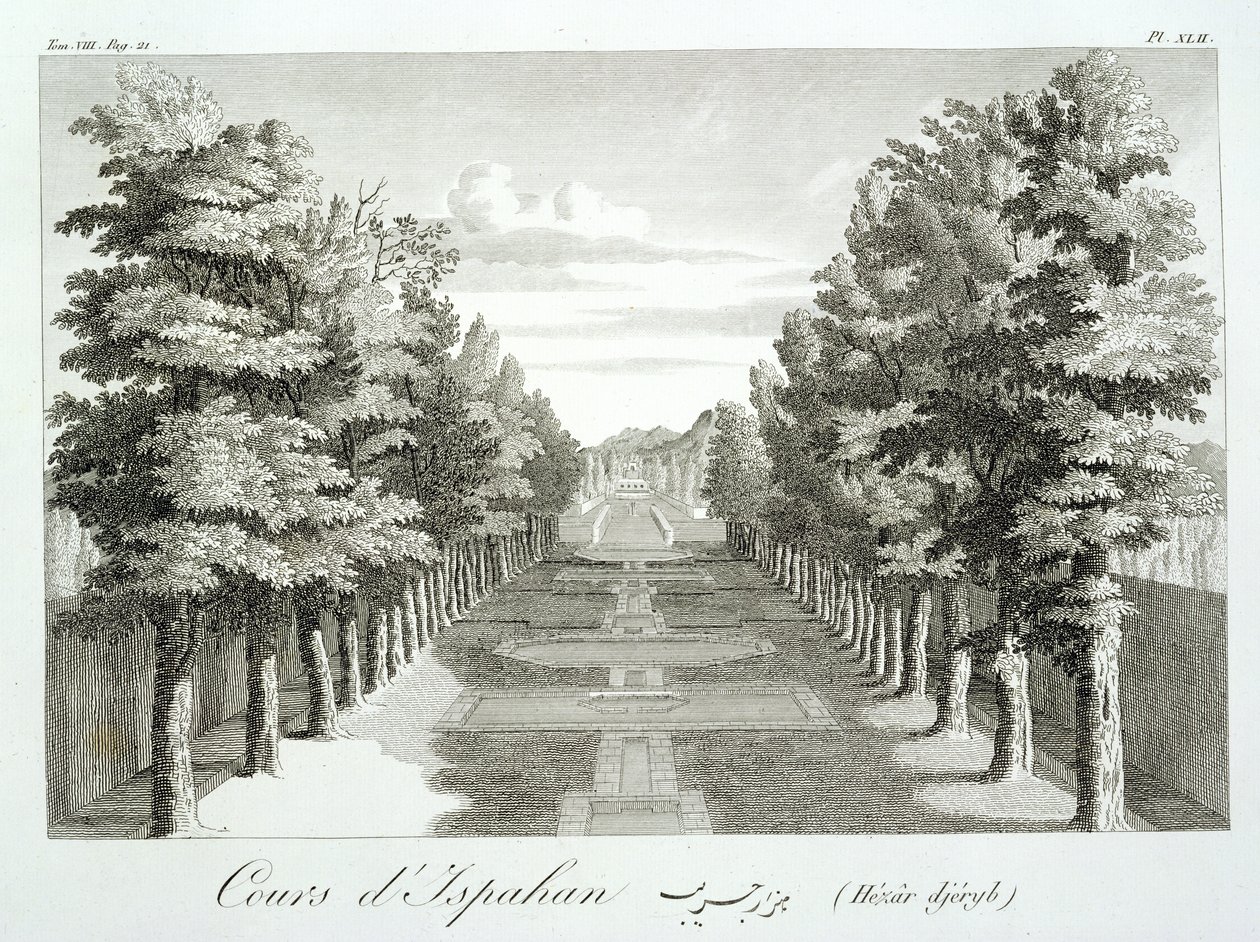 Trädgårdarna i Tshehar-Bagh, Isfahan, från Voyages du Chevalier Chardin en Perse, et autres Lieux de l