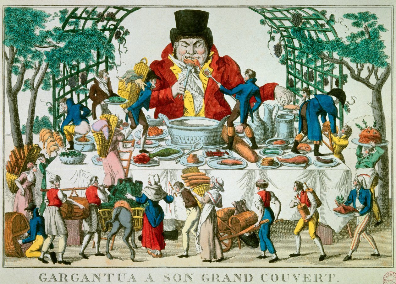 Gargantua karaktär i romanerna av Francois Rabelais (1494-1553), fransk författare. Gargantua har en stor baldakin och har alla sorters rätter. Tryck från 1800-talets Paris, Musee Carnavalet av French School