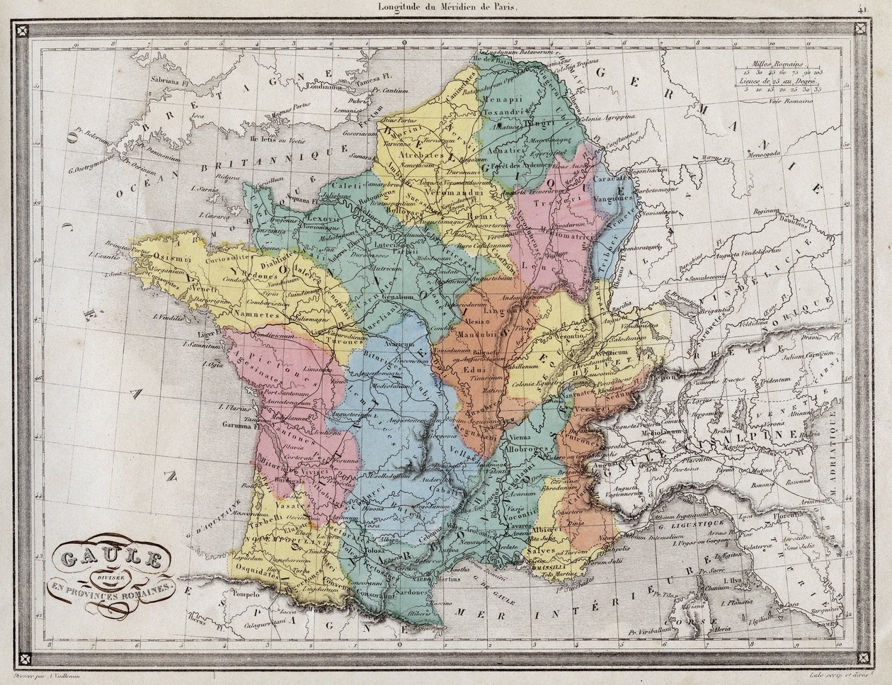 Gallien uppdelat i romerska provinser - Plåt extraherad från "" Universal Atlas av antik och modern geografi för bostadsskolor"" av Vuillemin - ca. 1845 av French School