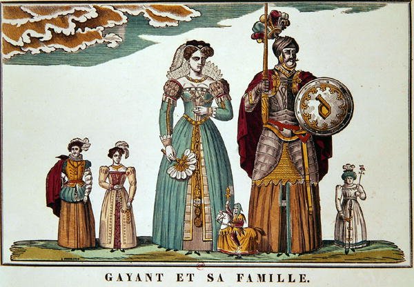 Gayant och hans familj, Imagerie de Lille (färg litho) av French School