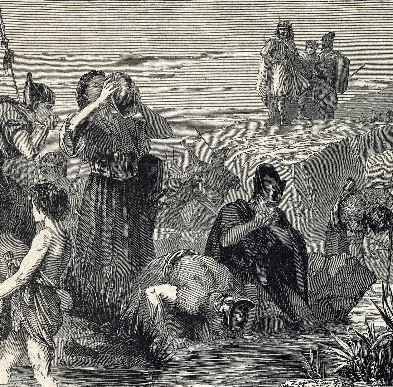 Gedeon (Gideon) kallar av Gud att besegra madianiterna väljer sina soldater bland dem som dricker medan de bär vatten till munnen (Gideon eller Gedeon väljer sina soldater och håller bara de som lyfte vattnet till sin mun, och medan de gör det, dra av French School