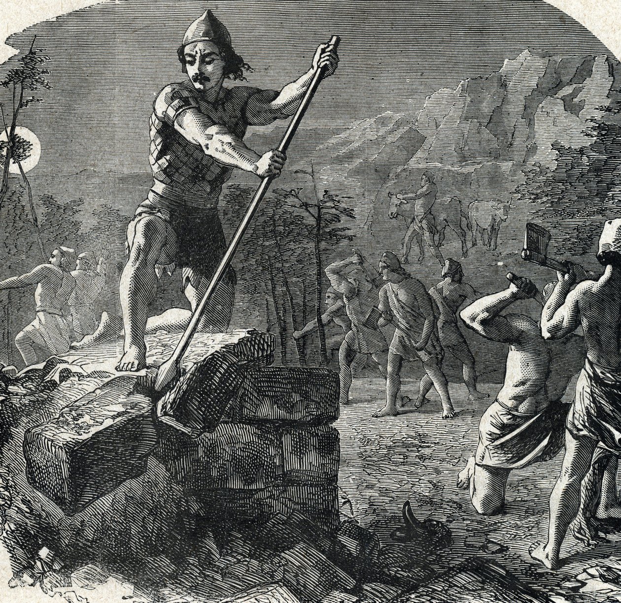 Gedeon (Gideon) avslöjar Baals altare som störtade hans folk i avgudadyrkan (Gideon eller Gedeon förstörde Baals altare) Gravyr från 
